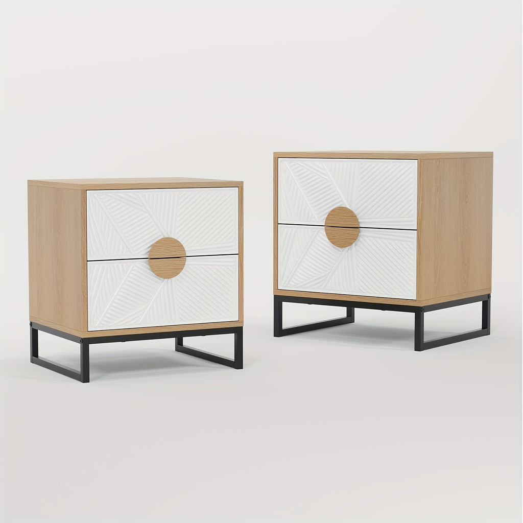 Mid-Century Modern Two-Drawer Nightstand with Carved White Textured Panels, Wooden Handles & Sturdy Metal Legs – 20.8\