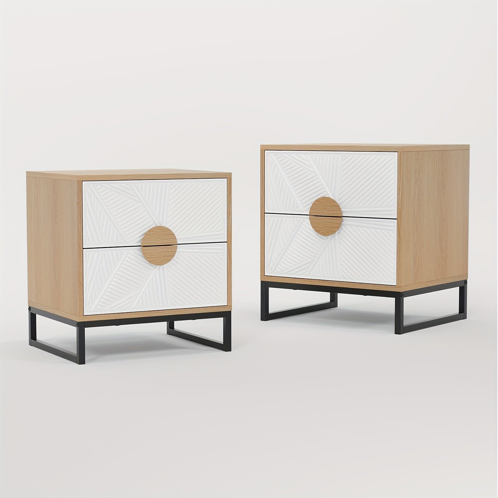 Mid-Century Modern Two-Drawer Nightstand with Carved White Textured Panels, Wooden Handles & Sturdy Metal Legs – 20.8\