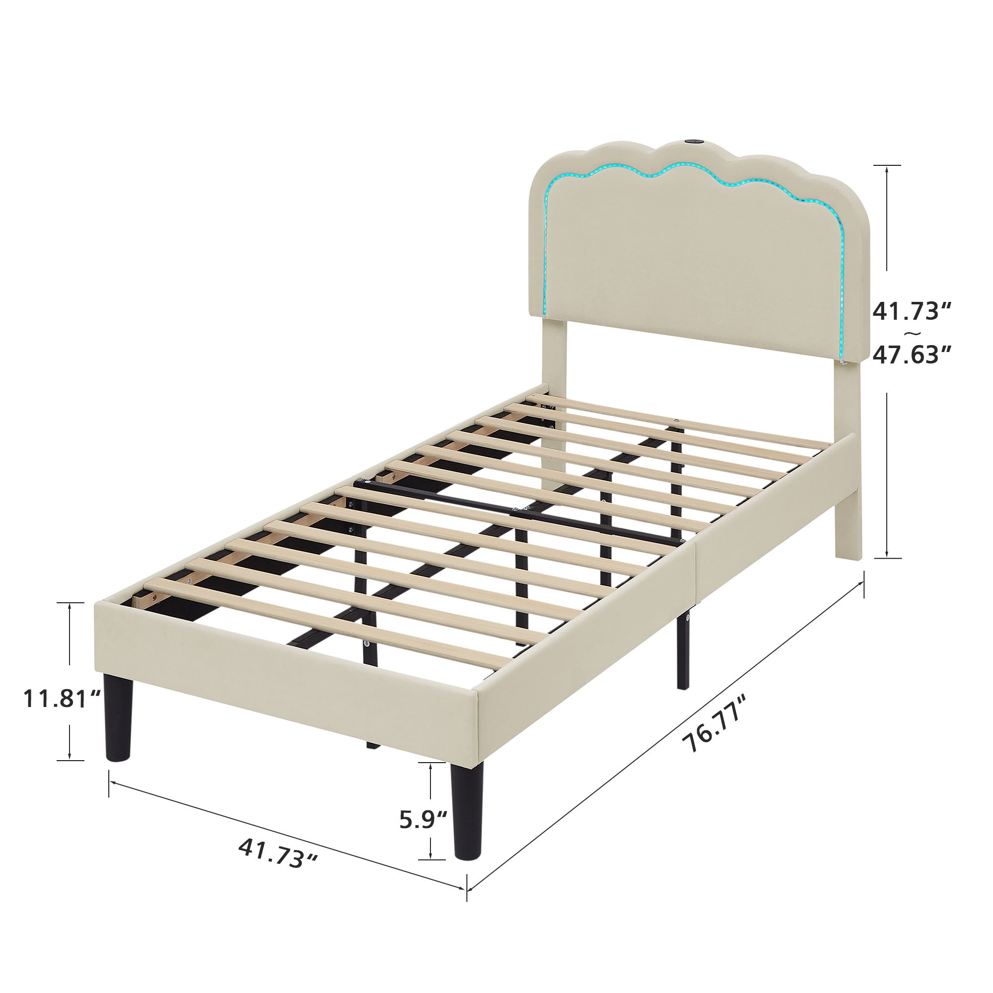 VECELO Twin\u002FFull\u002FQueen Size Upholstered Bed Frame with Headboard Adjustable, USB-A and Type-C, Wooden Slats Support, Beige