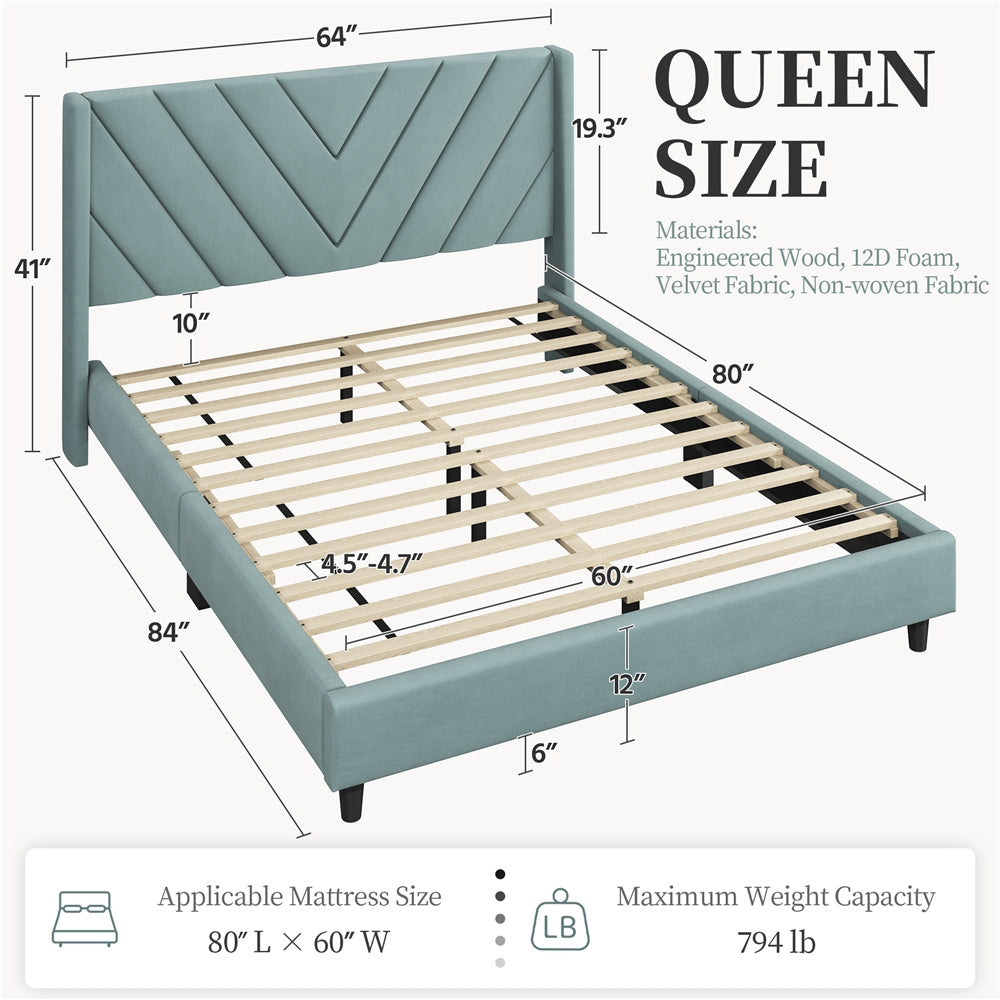 Costoffs Upholstered Bed Frame Platform Bed with Wing Edge, Twin\u002FFull\u002FQueen Size, Bed Frame with Headboard, Sturdy Mattress Support, No Box Spring Required, Local Warehouse, Beige\u002FGray\u002FPink\u002FBlue, Christmas Gift Christmas Furniture