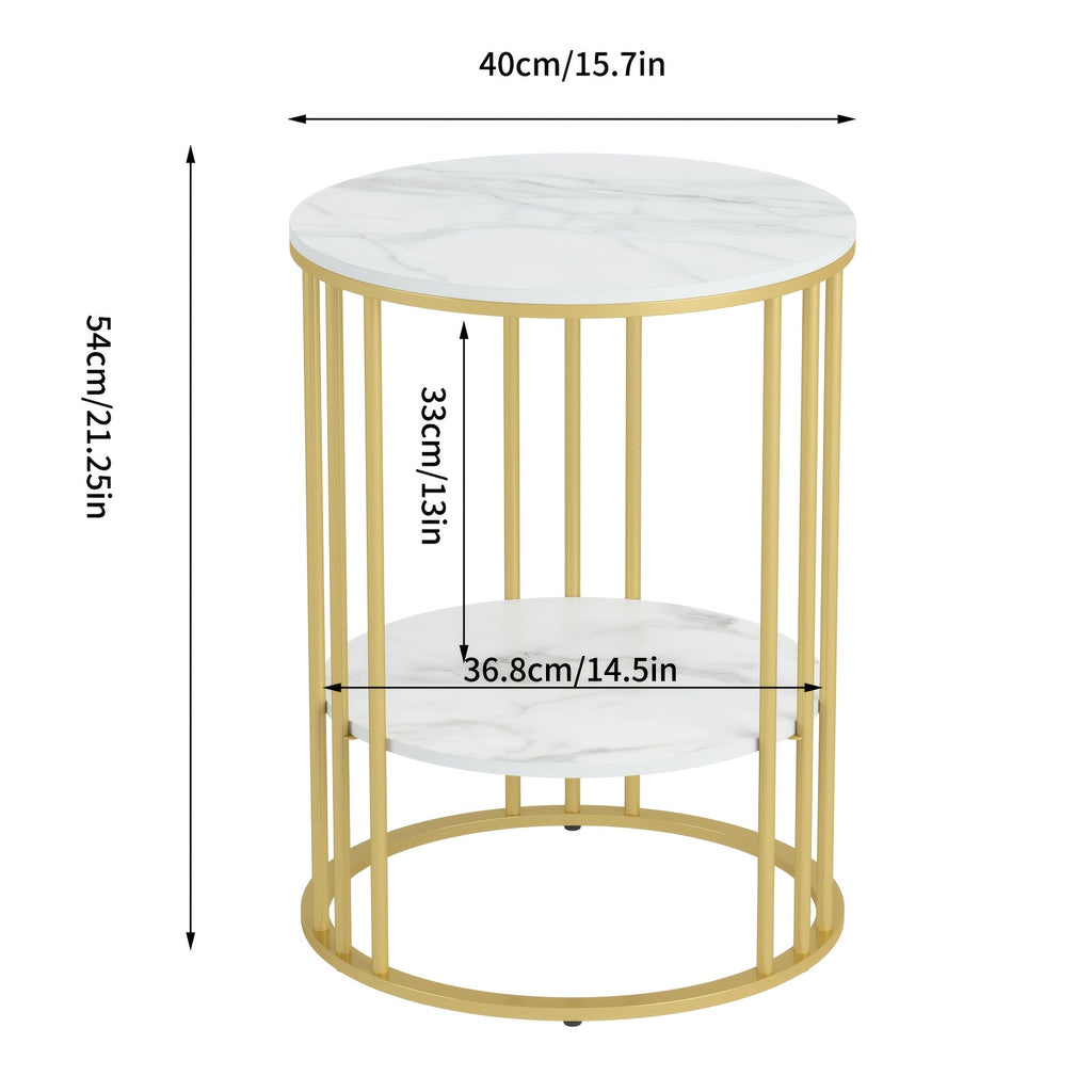 AESOME 2 Tier Modern Round Sintered Stone End Table White Sofa Side Table Small Coffee Table with Golden Frame - Modern Bedside Nightstand for Living Room Bedroom Small Spaces, Easy Assembly