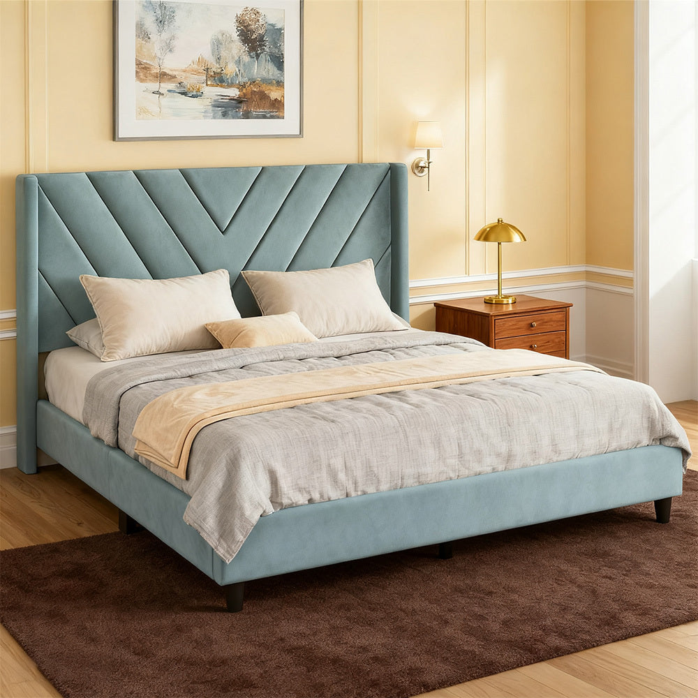 Costoffs Upholstered Bed Frame Platform Bed with Wing Edge, Twin\u002FFull\u002FQueen Size, Bed Frame with Headboard, Sturdy Mattress Support, No Box Spring Required, Local Warehouse, Beige\u002FGray\u002FPink\u002FBlue, Christmas Gift Christmas Furniture