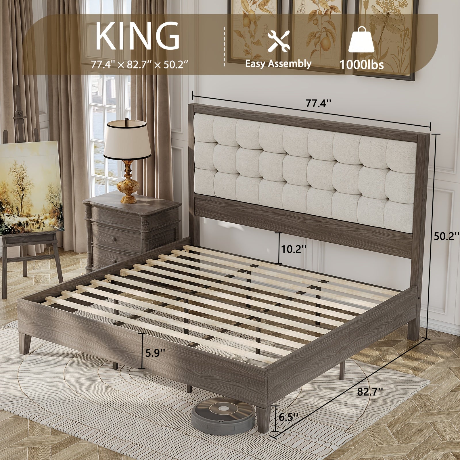 PaPaJet Wood Bed with Headboard Platform Bed Upholstered Tufted Headboard\u002FSolid Wood Bed No Box Spring Needed