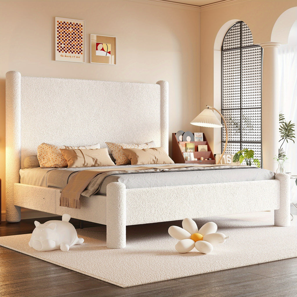 Contemporary Boucle Upholstered Bed Frame Featuring a Charging Station - Papajet Low-Height Platform Bed, to Assemble, No Box Spring Needed, Comfortable Bedroom Enhancement