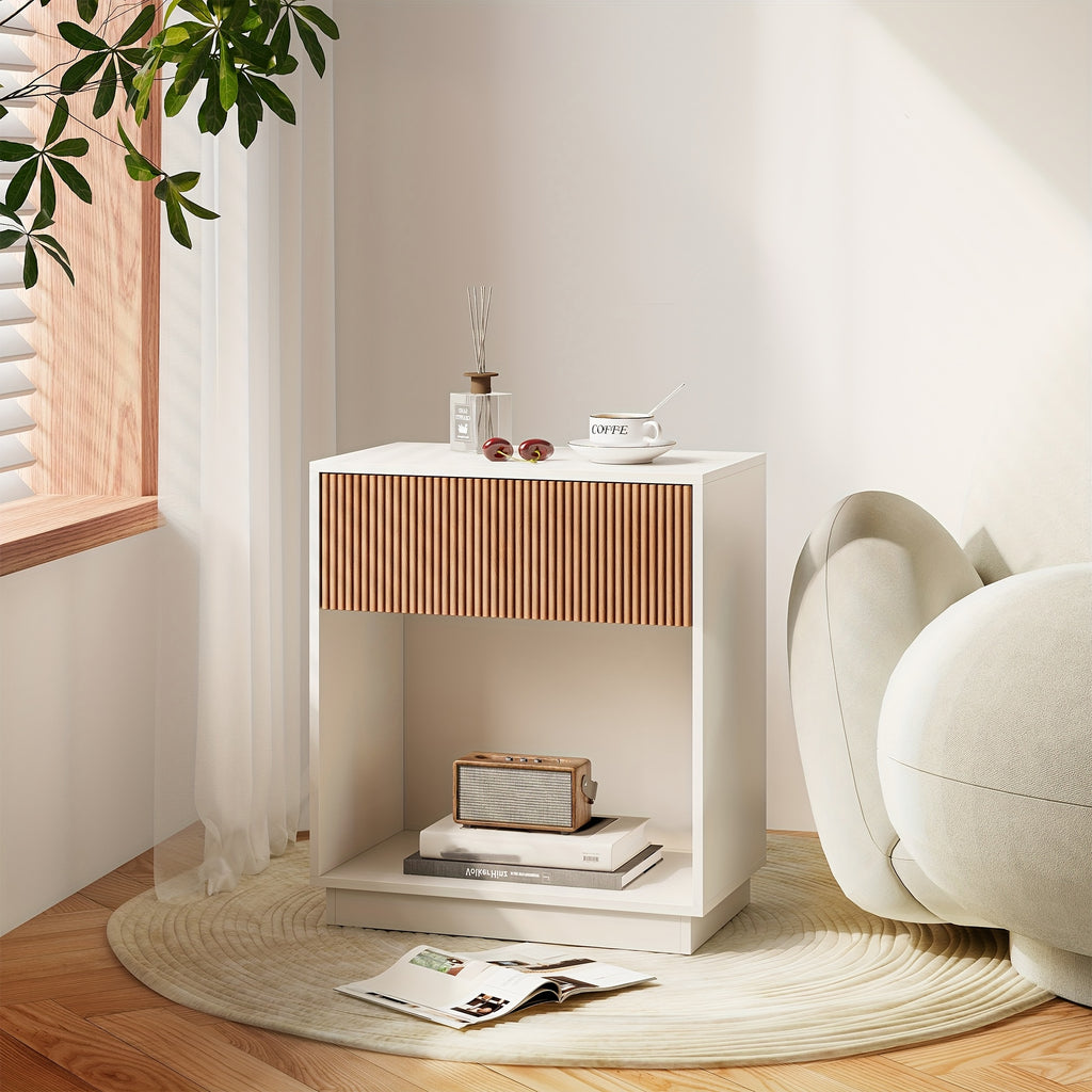 Set of 2 Modern Mid-Century White & Oak Fluted Nightstands - Bedside Tables with Drawer & Open Shelf, Particleboard &, Space-Saving End Tables for Bedroom, Living Room, Office, Sofa Side (Easy Assembly)