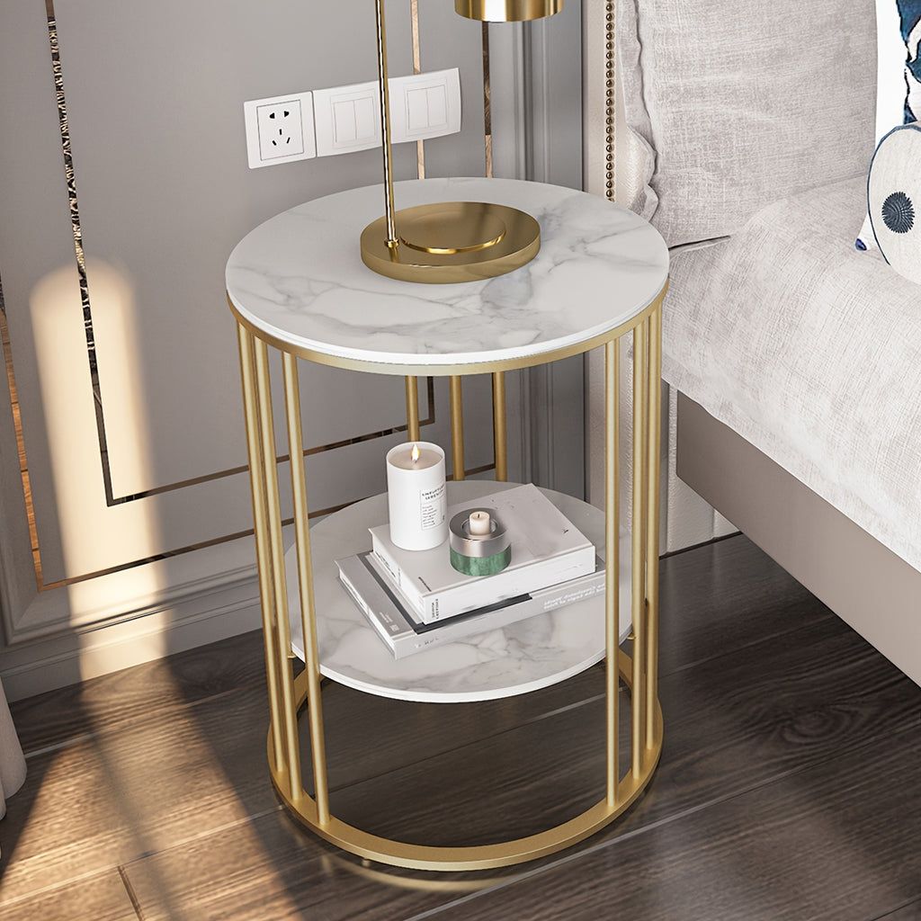 AESOME 2 Tier Modern Round Sintered Stone End Table White Sofa Side Table Small Coffee Table with Golden Frame - Modern Bedside Nightstand for Living Room Bedroom Small Spaces, Easy Assembly