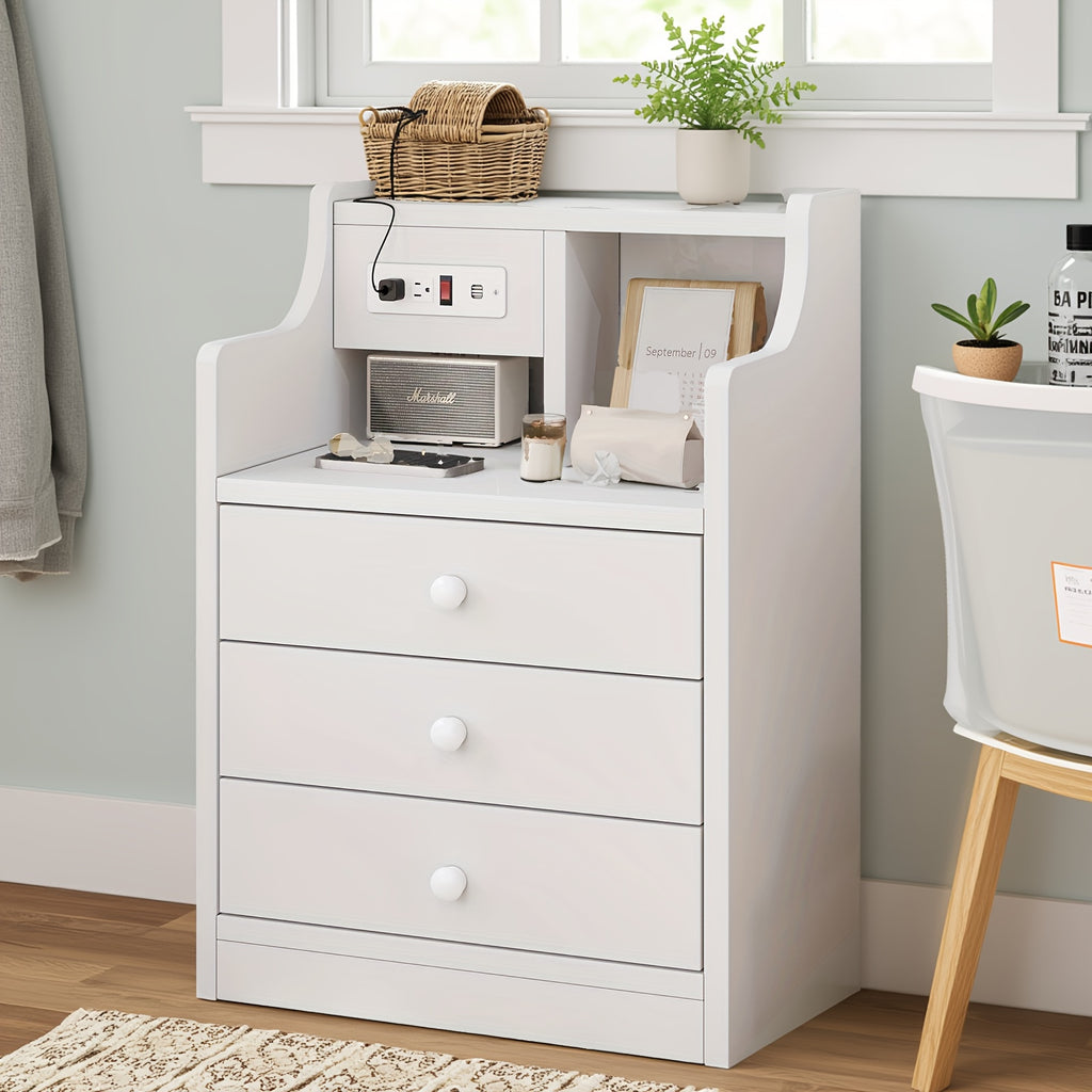 Nightstand with Charging Station, 2 USB Ports & 2 Outlets, Grey Nightstands with Hutch and 3 Drawers, Bedroom End Table