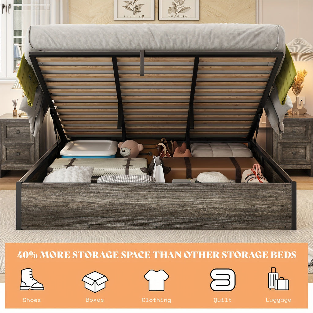 Lift Up Storage Bed with Storage Underneath, Wooden Platform Bed Frame, Solid Wood Slats Support, No Fixed Headboard, No Box Spring Needed