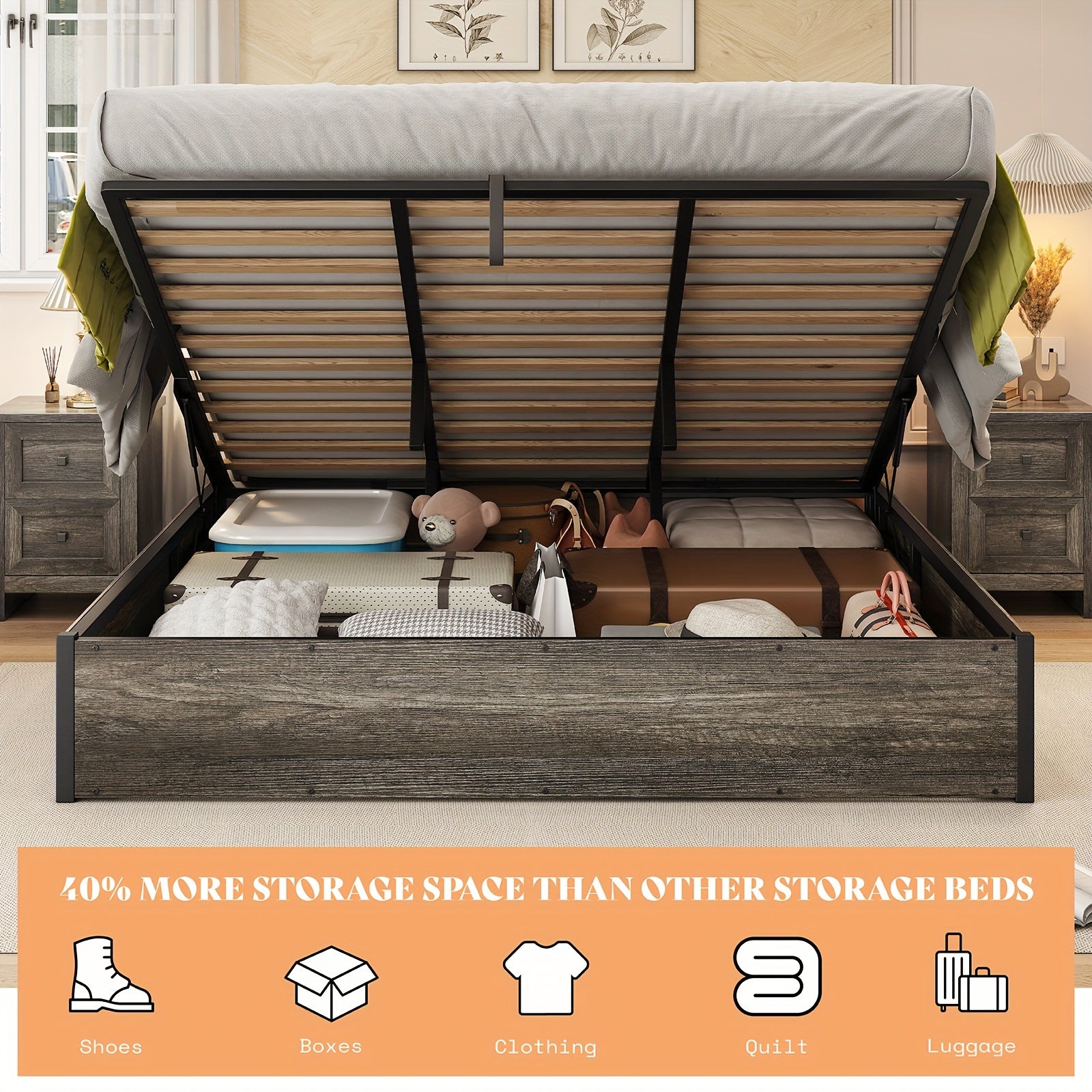 Lift Up Storage Bed with Storage Underneath, Wooden Platform Bed Frame, Solid Wood Slats Support, No Fixed Headboard, No Box Spring Needed