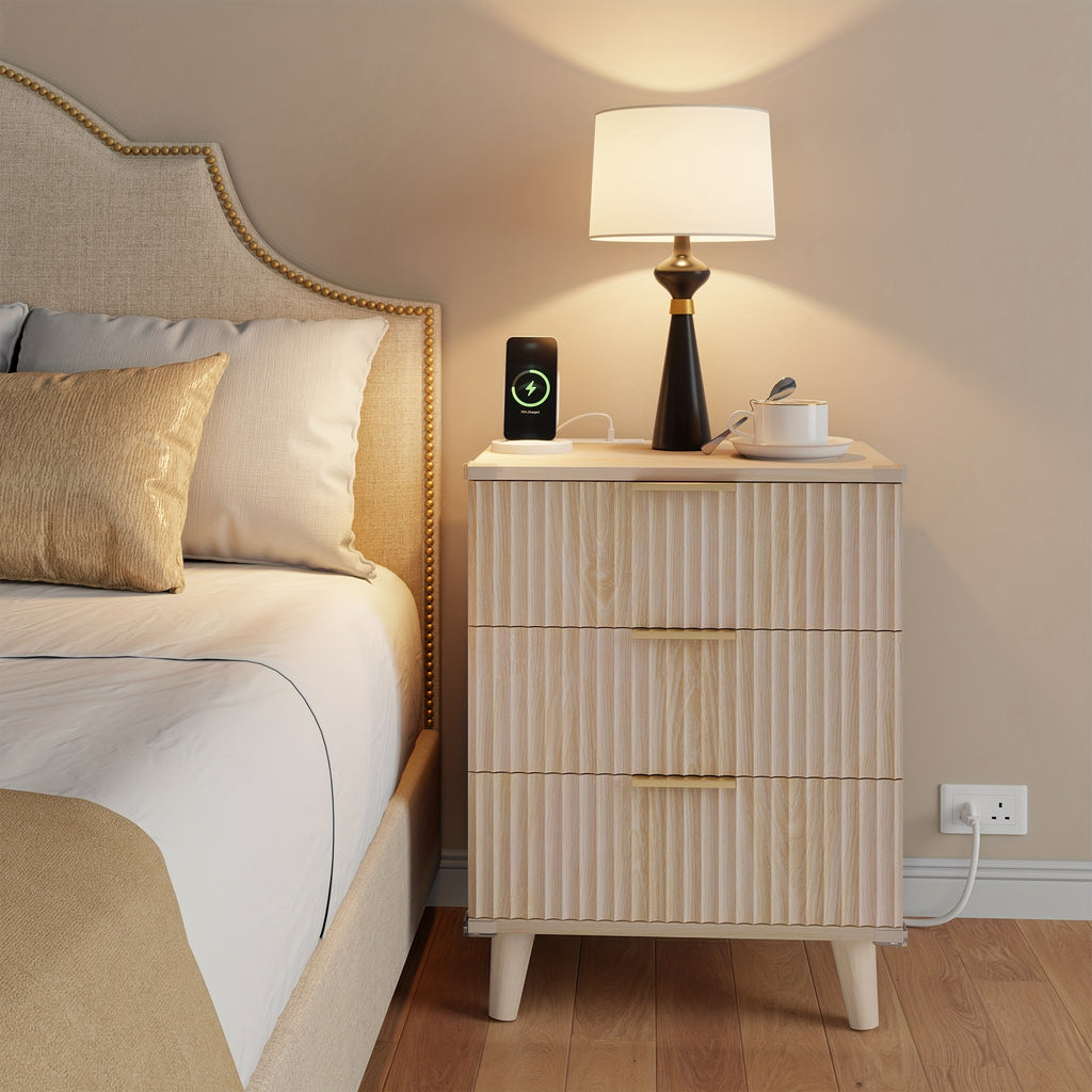 1pc Nightstand With Charging Station, Side Table With 3 Drawers, Bedside End Table With 2 USB Ports And 2 AC Outlets, Night Stand For Bedroom, Small Dresser For Small Spaces