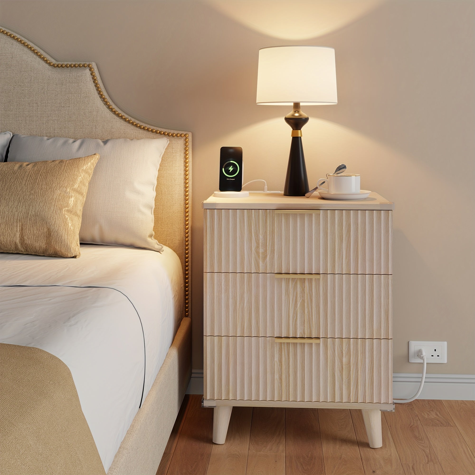 1pc Nightstand With Charging Station, Side Table With 3 Drawers, Bedside End Table With 2 USB Ports And 2 AC Outlets, Night Stand For Bedroom, Small Dresser For Small Spaces