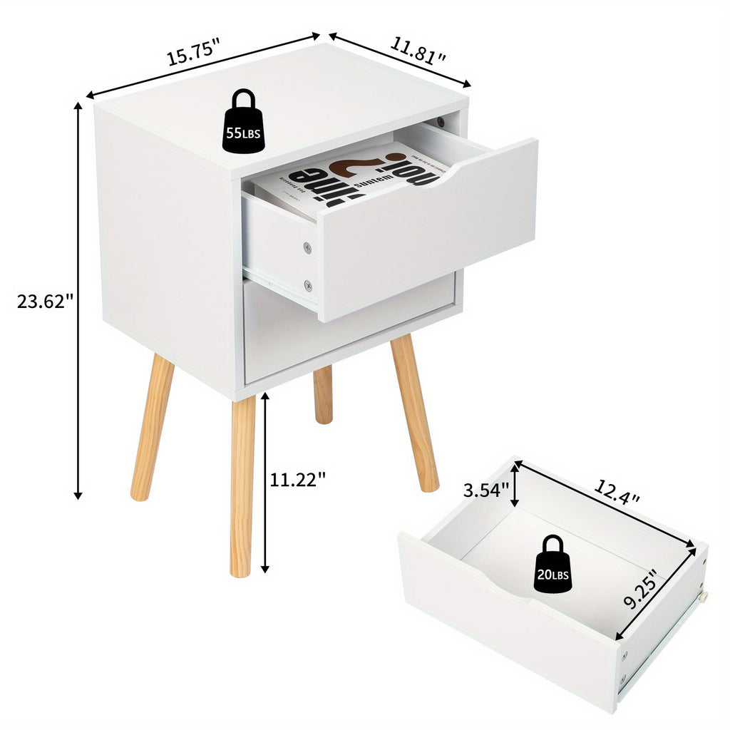 2pcs Modern White Bedside Cabinets\u002FNightstands with Two Drawers - Space-Saving MDF Spray Paint & Solid Wood, High- Bedside Tables ( Assembly, White Wood Color) for Small Bedrooms, 15.75x11.81x23.62inch