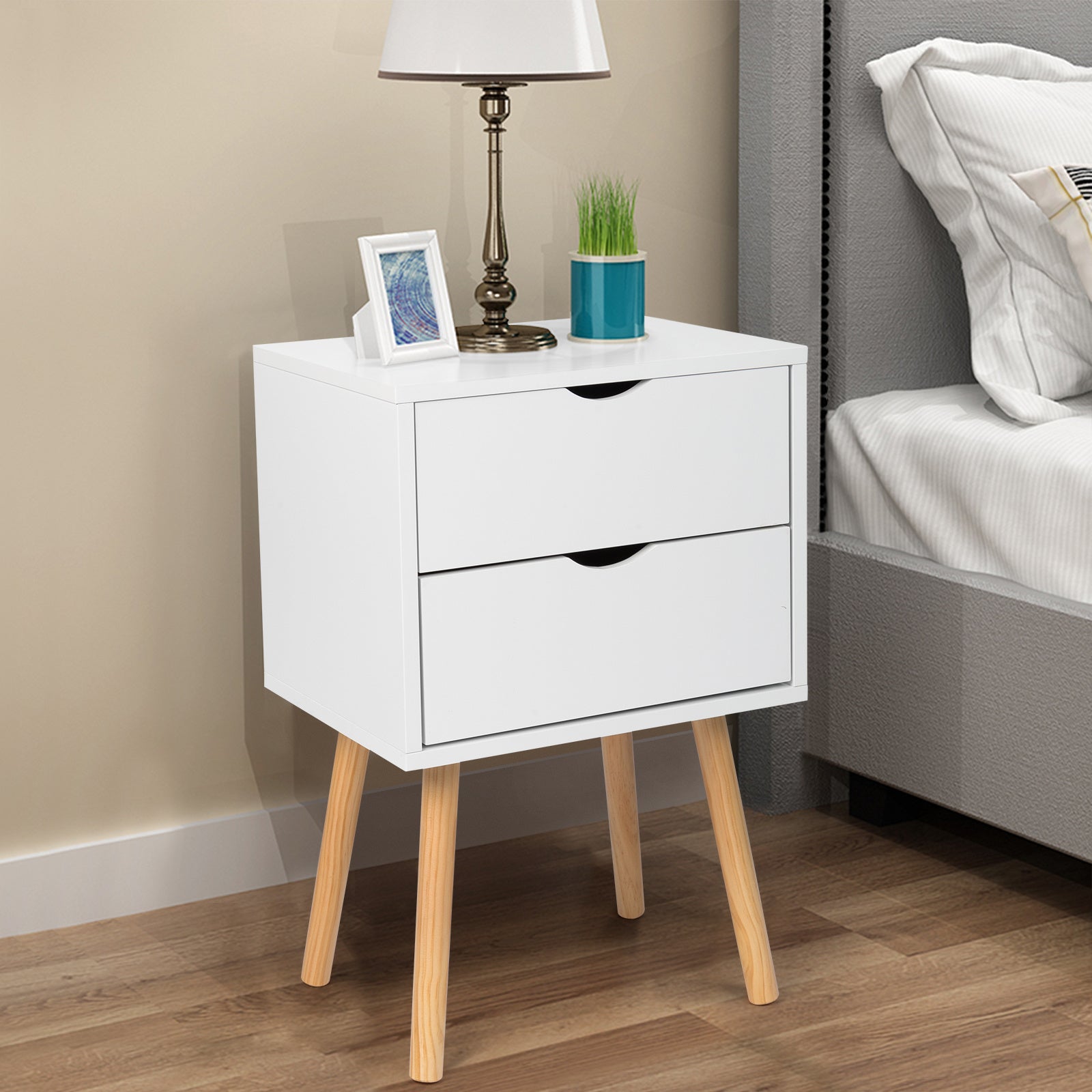 2pcs Modern White Bedside Cabinets\u002FNightstands with Two Drawers - Space-Saving MDF Spray Paint & Solid Wood, High- Bedside Tables ( Assembly, White Wood Color) for Small Bedrooms, 15.75x11.81x23.62inch