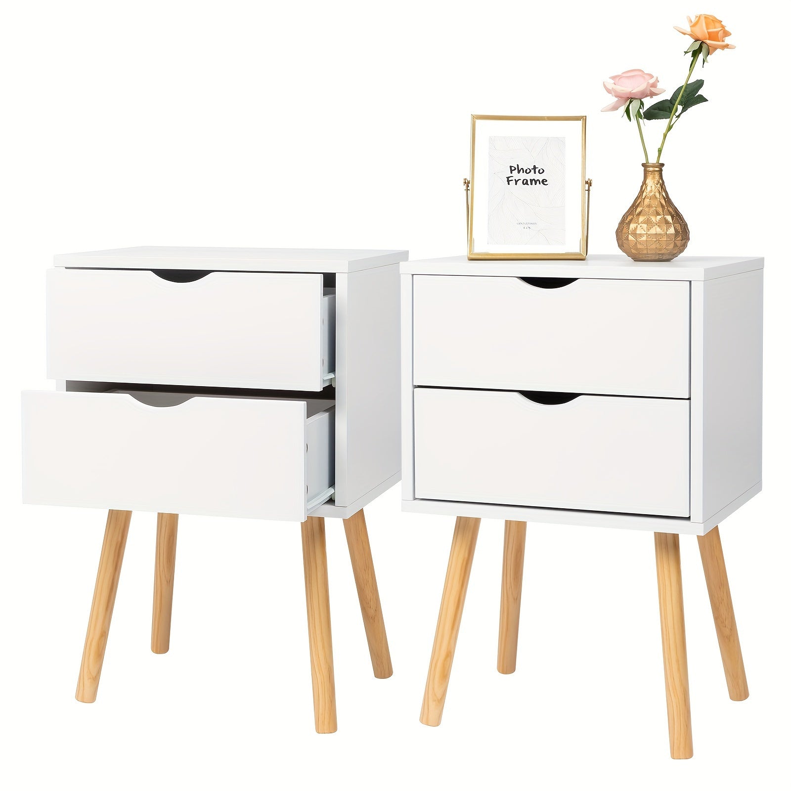 2pcs Modern White Bedside Cabinets\u002FNightstands with Two Drawers - Space-Saving MDF Spray Paint & Solid Wood, High- Bedside Tables ( Assembly, White Wood Color) for Small Bedrooms, 15.75x11.81x23.62inch