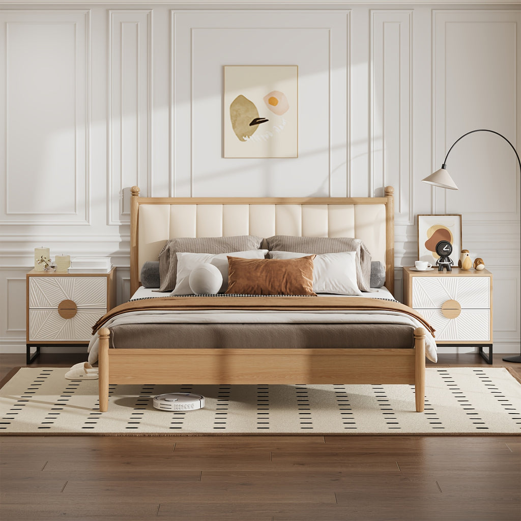 Mid-Century Modern Two-Drawer Nightstand with Carved White Textured Panels, Wooden Handles & Sturdy Metal Legs – 20.8\