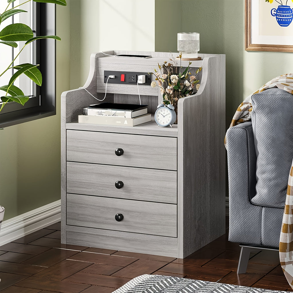 Nightstand with Charging Station, 2 USB Ports & 2 Outlets, Grey Nightstands with Hutch and 3 Drawers, Bedroom End Table