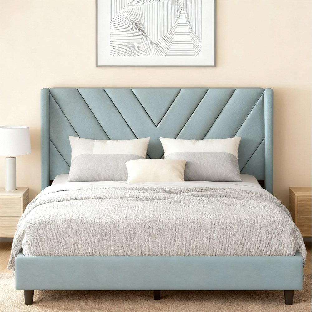 Costoffs Upholstered Bed Frame Platform Bed with Wing Edge, Twin\u002FFull\u002FQueen Size, Bed Frame with Headboard, Sturdy Mattress Support, No Box Spring Required, Local Warehouse, Beige\u002FGray\u002FPink\u002FBlue, Christmas Gift Christmas Furniture