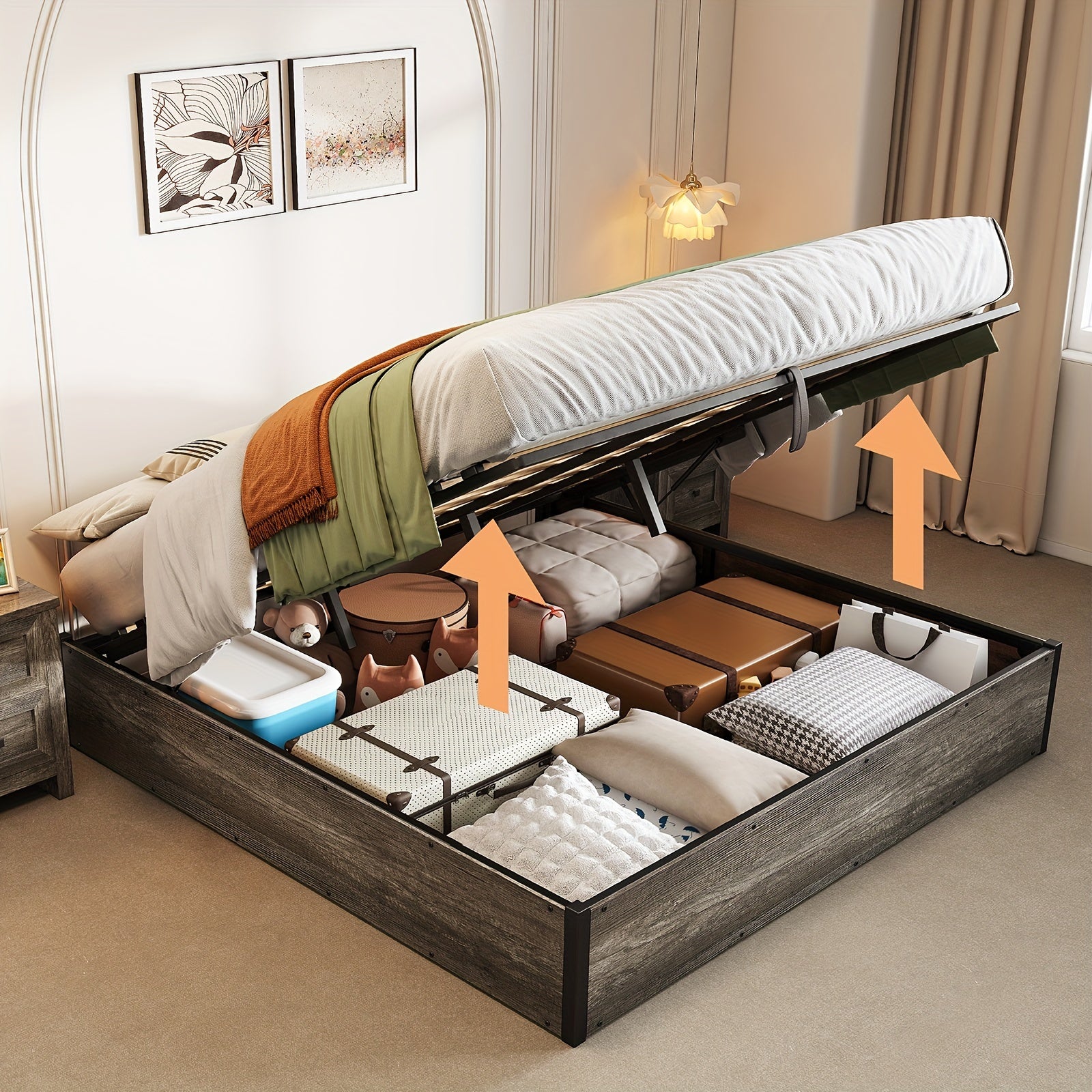 Lift Up Storage Bed with Storage Underneath, Wooden Platform Bed Frame, Solid Wood Slats Support, No Fixed Headboard, No Box Spring Needed