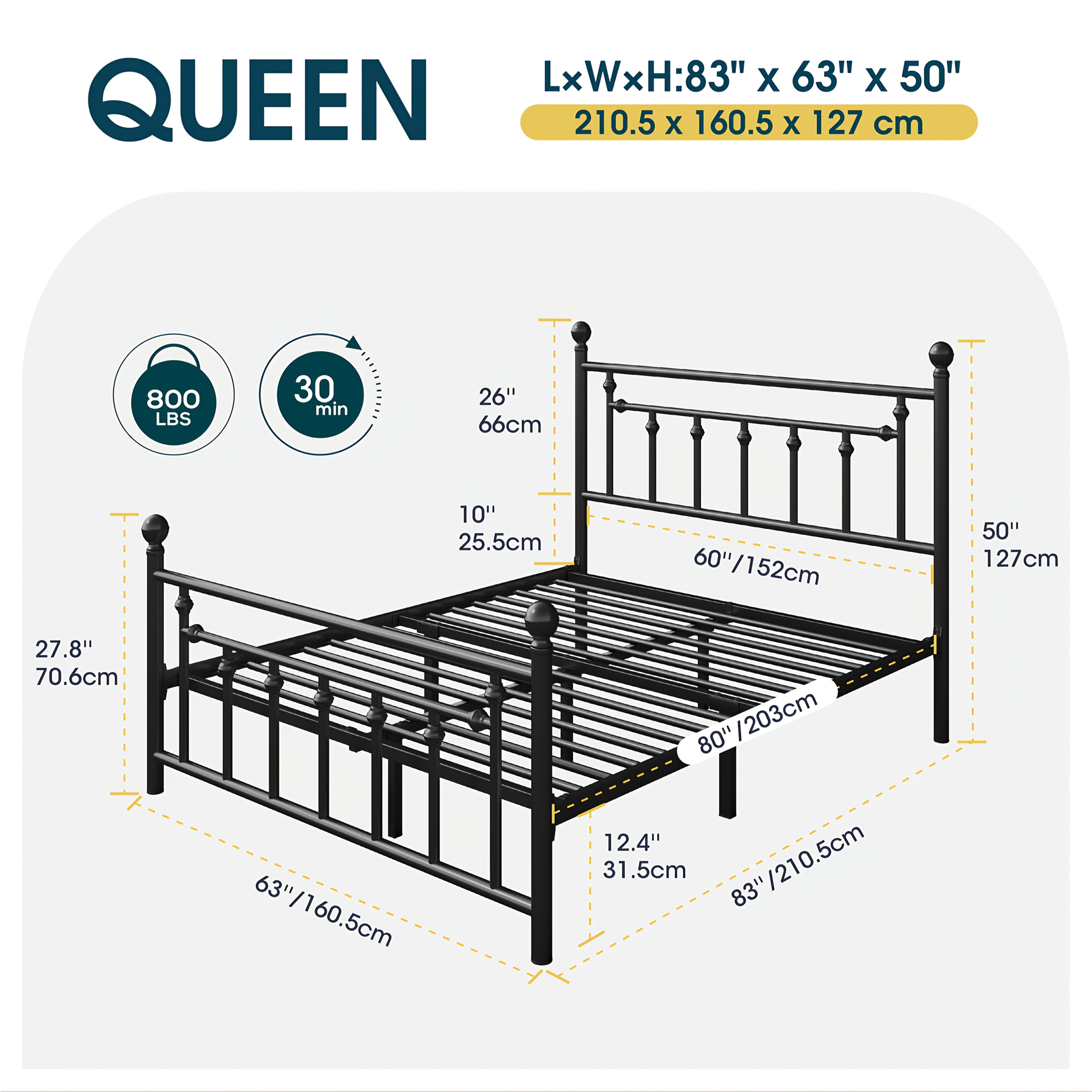 WEEWAY Modern Metal Platform Bed Frame, Vintage Iron-Art Headboard And Footboard, Under Bed Storage Space, No Box Spring Needed, Black\u002FWhite, Full\u002FQueen Size, For House To Live In, For Bedroom\u002FGuestroom, Free Shipping