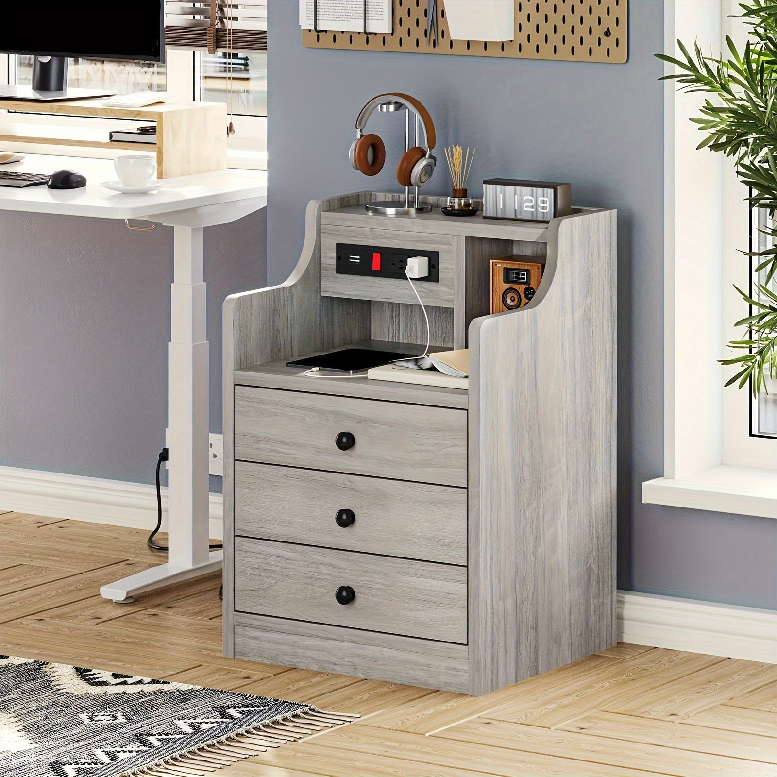 Nightstand with Charging Station, 2 USB Ports & 2 Outlets, Grey Nightstands with Hutch and 3 Drawers, Bedroom End Table