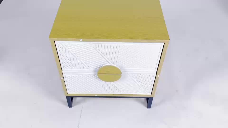 Mid-Century Modern Two-Drawer Nightstand with Carved White Textured Panels, Wooden Handles & Sturdy Metal Legs – 20.8\