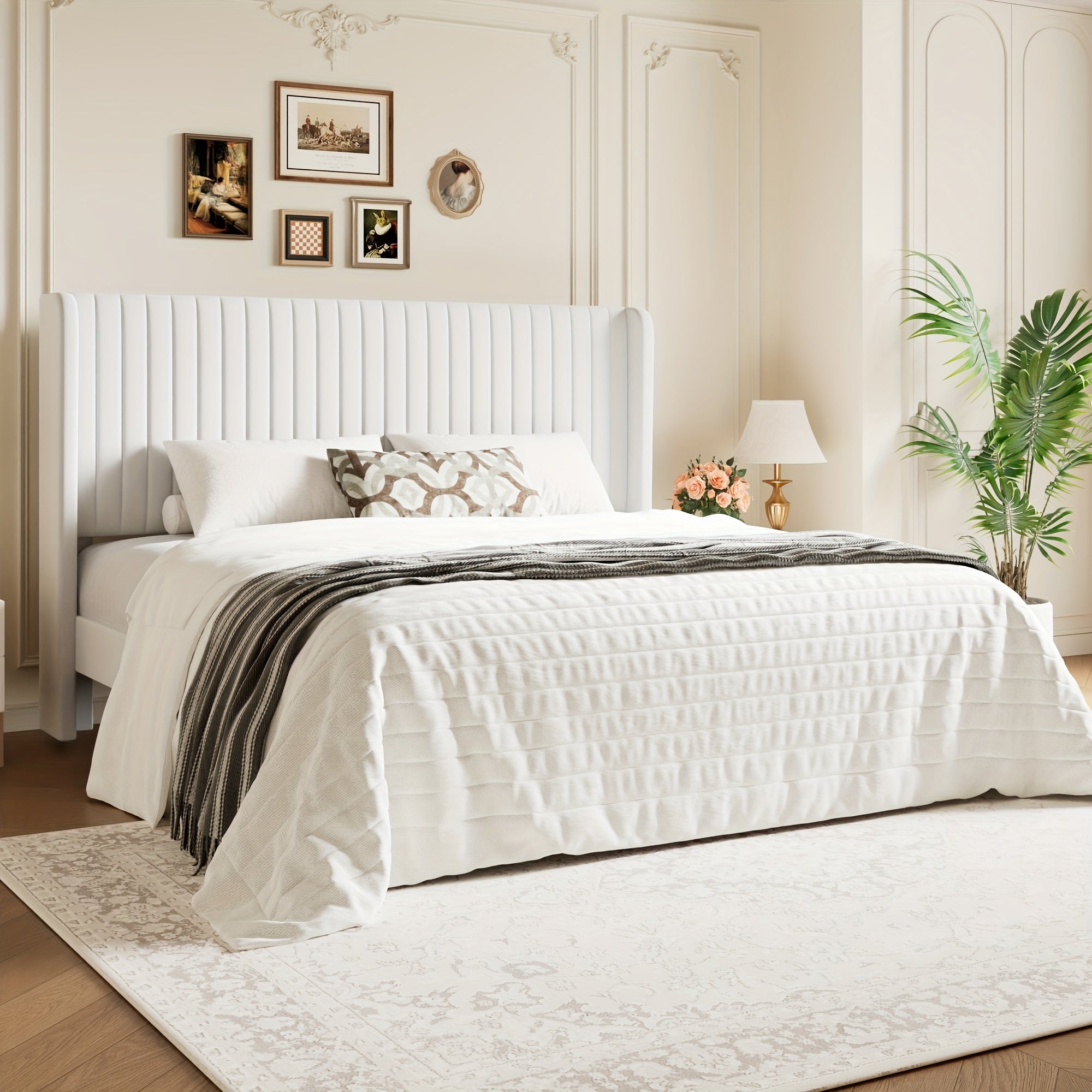 WEEWAY Wingback Velvet Upholstered Platform Bed Frame, Vertical Channel Tufted Headboard, Wooden Slats Support, Heavy Duty Mattress Foundation, No Box Spring Needed, Easy Assembly, Avabliable Full\u002FQueen\u002FKing Size, Free Shipping