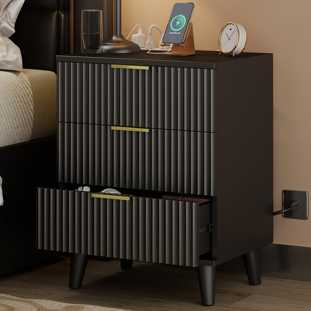 1pc Nightstand With Charging Station, Side Table With 3 Drawers, Bedside End Table With 2 USB Ports And 2 AC Outlets, Night Stand For Bedroom, Small Dresser For Small Spaces