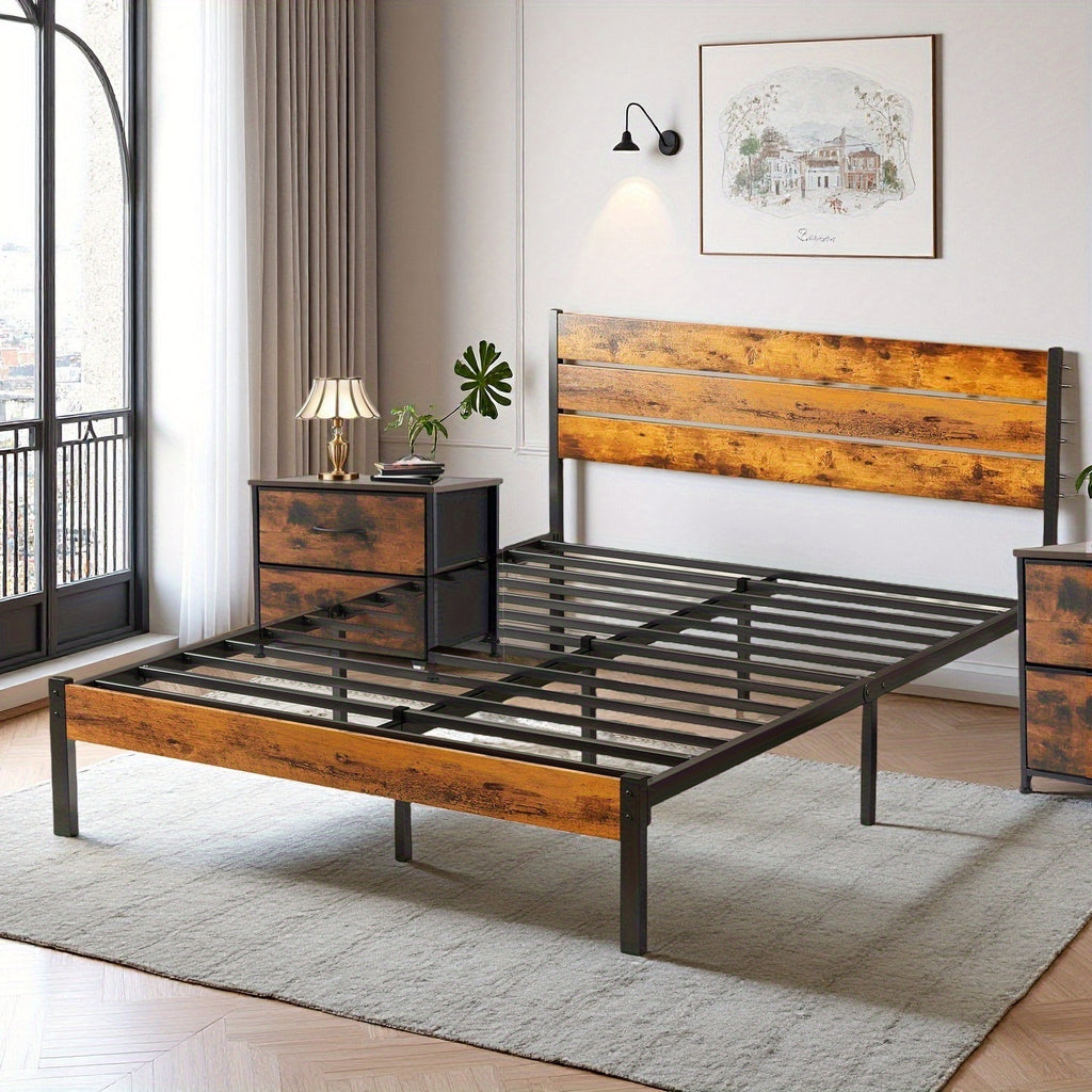 Metal Frame Bed Frame with Headboard, No Box Spring, Has Sturdy Wood Slats to Support 800 Lbs, Can Be Purchased Separately Or with a 2pcs Bedside Organizer (Fabric Drawer with 2 Storage Unit Compartments), Suitable for Bedroom, Living Room