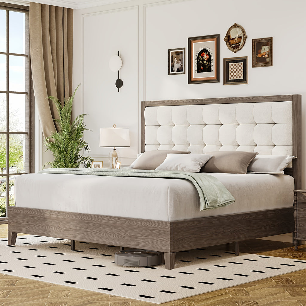 PaPaJet Wood Bed with Headboard Platform Bed Upholstered Tufted Headboard\u002FSolid Wood Bed No Box Spring Needed