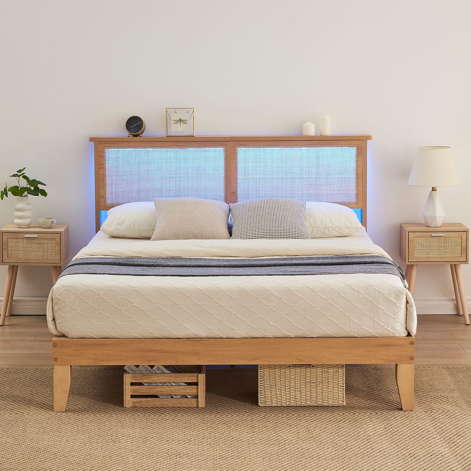 Full Size Bed Frame with Natural Rattan Headboard & LED - Full Rattan Platform Bed Base, No Box Spring Needed, Easy Assembly Modern Platform Bed Suitable for Mattress Foundation, Contemporary Furniture for Living Room Centerpiece