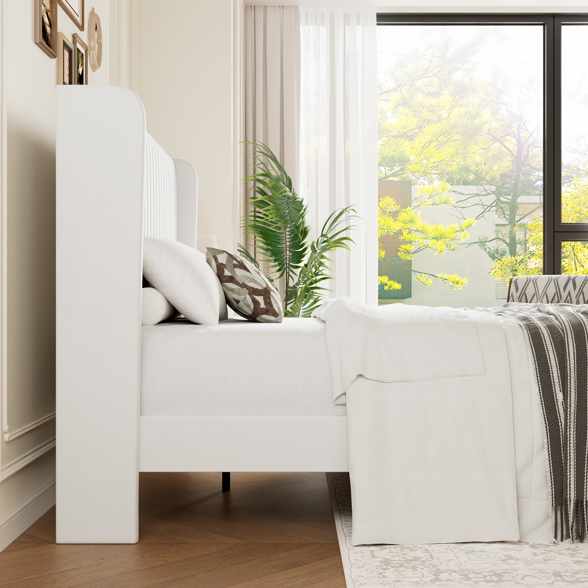 WEEWAY Wingback Velvet Upholstered Platform Bed Frame, Vertical Channel Tufted Headboard, Wooden Slats Support, Heavy Duty Mattress Foundation, No Box Spring Needed, Easy Assembly, Avabliable Full\u002FQueen\u002FKing Size, Free Shipping