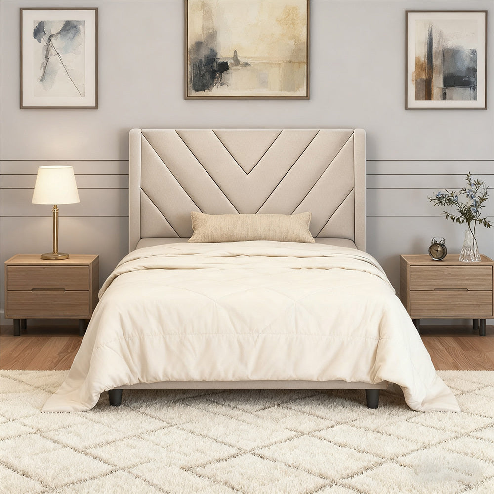 Costoffs Upholstered Bed Frame Platform Bed with Wing Edge, Twin\u002FFull\u002FQueen Size, Bed Frame with Headboard, Sturdy Mattress Support, No Box Spring Required, Local Warehouse, Beige\u002FGray\u002FPink\u002FBlue, Christmas Gift Christmas Furniture