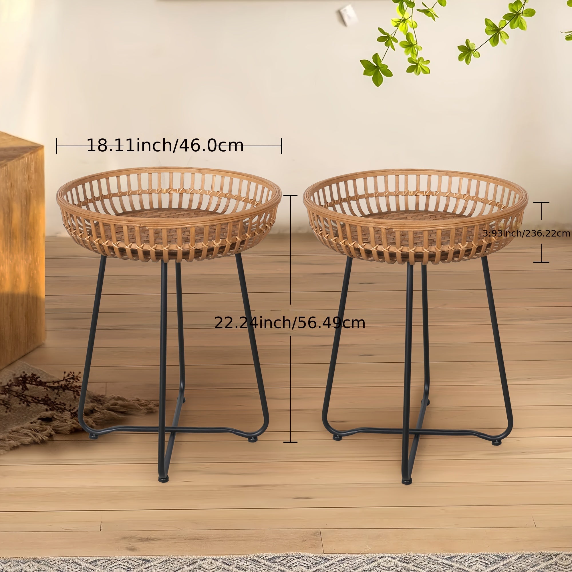 Oakrian Rattan Side Table Nesting Tables Set Of 2, Bamboo Round Table Coffee Table Metal Base End Table for Boho Living Room, Sofa, Bedroom, Terrace, Accent Table(20.47inch)