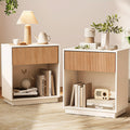 Set of 2 Modern Mid-Century White & Oak Fluted Nightstands - Bedside Tables with Drawer & Open Shelf, Particleboard &, Space-Saving End Tables for Bedroom, Living Room, Office, Sofa Side (Easy Assembly)
