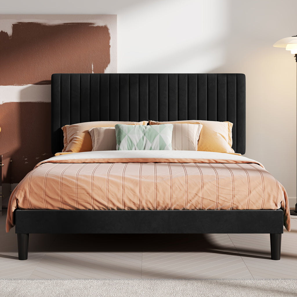 HOOMIC Velvet Upholstered Bed Frame with Adjustable Headboard, Contemporary Platform Bed Featuring Vertical Channel Tufting, Wooden Slats for Support, Optional Box Spring, Ideal for Home Bedroom Furniture, Free Shipping Available