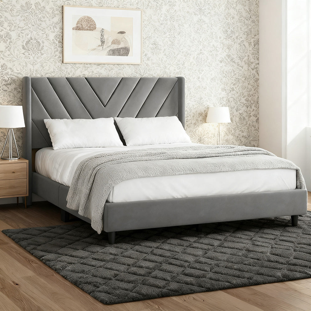 Costoffs Upholstered Bed Frame Platform Bed with Wing Edge, Twin\u002FFull\u002FQueen Size, Bed Frame with Headboard, Sturdy Mattress Support, No Box Spring Required, Local Warehouse, Beige\u002FGray\u002FPink\u002FBlue, Christmas Gift Christmas Furniture