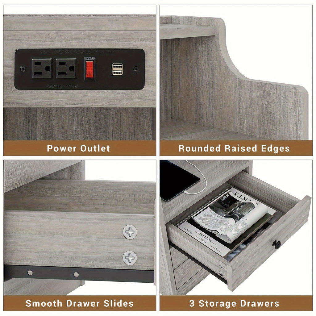 Nightstand with Charging Station, 2 USB Ports & 2 Outlets, Grey Nightstands with Hutch and 3 Drawers, Bedroom End Table