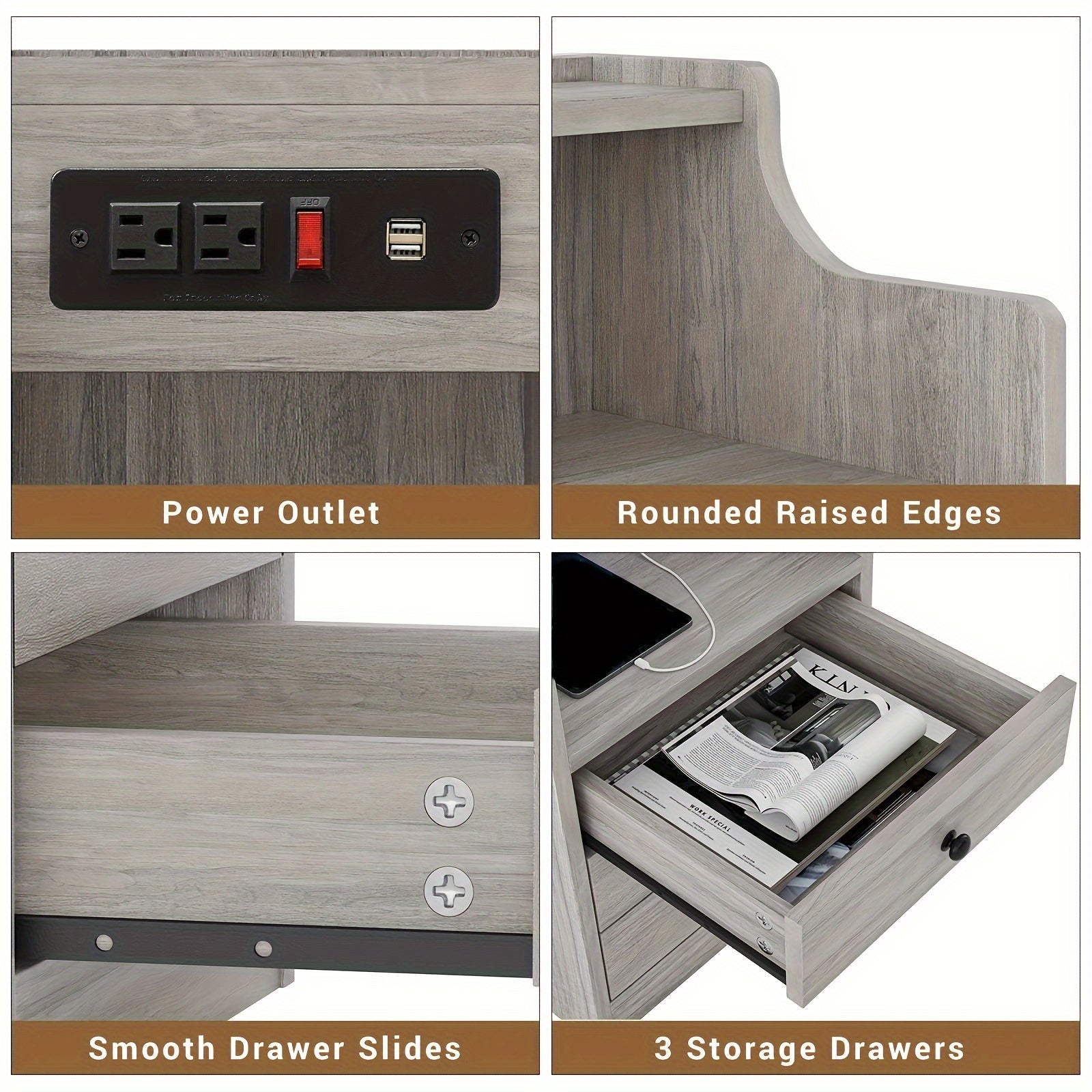 Nightstand with Charging Station, 2 USB Ports & 2 Outlets, Grey Nightstands with Hutch and 3 Drawers, Bedroom End Table