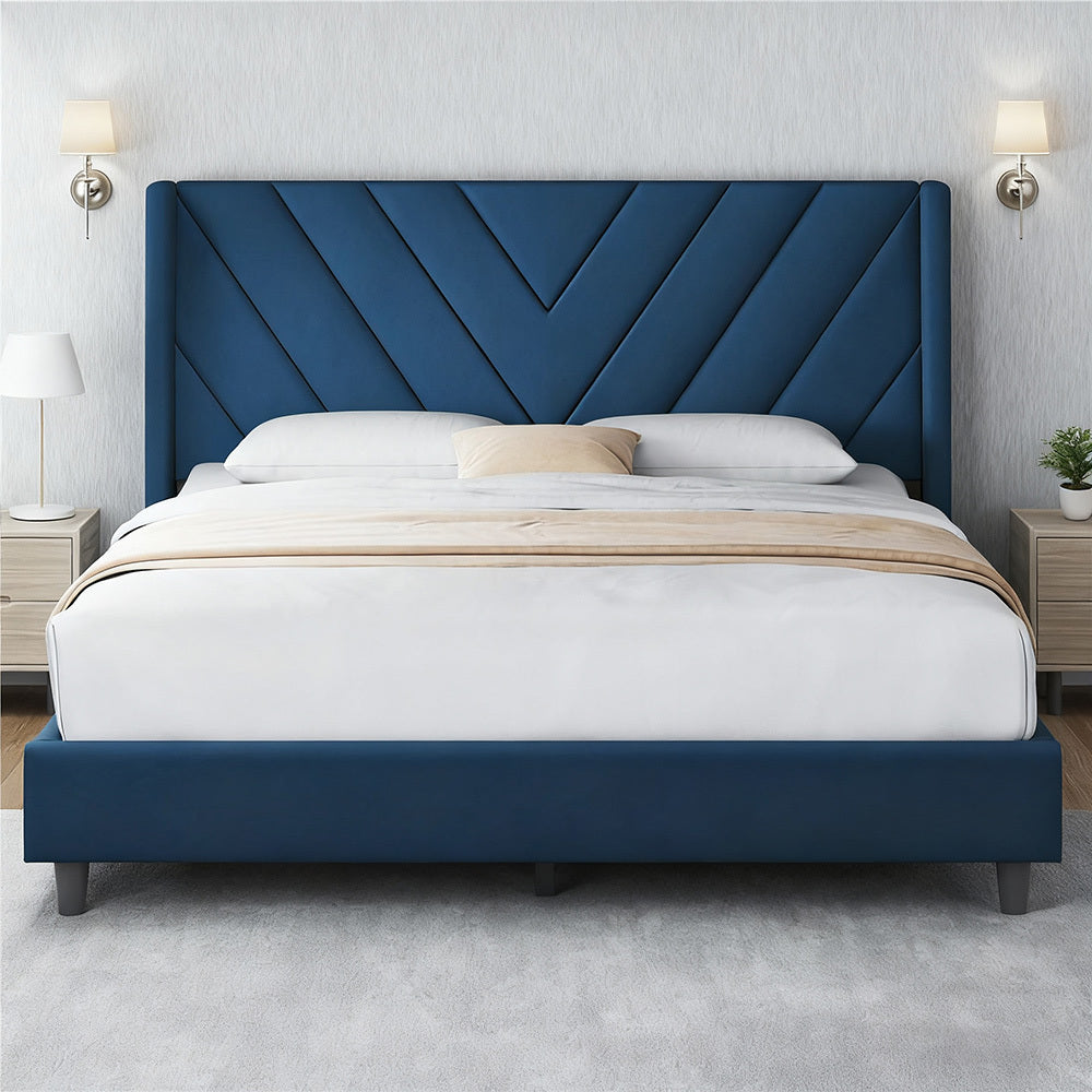 Costoffs Upholstered Bed Frame Platform Bed with Wing Edge, Twin\u002FFull\u002FQueen Size, Bed Frame with Headboard, Sturdy Mattress Support, No Box Spring Required, Local Warehouse, Beige\u002FGray\u002FPink\u002FBlue, Christmas Gift Christmas Furniture