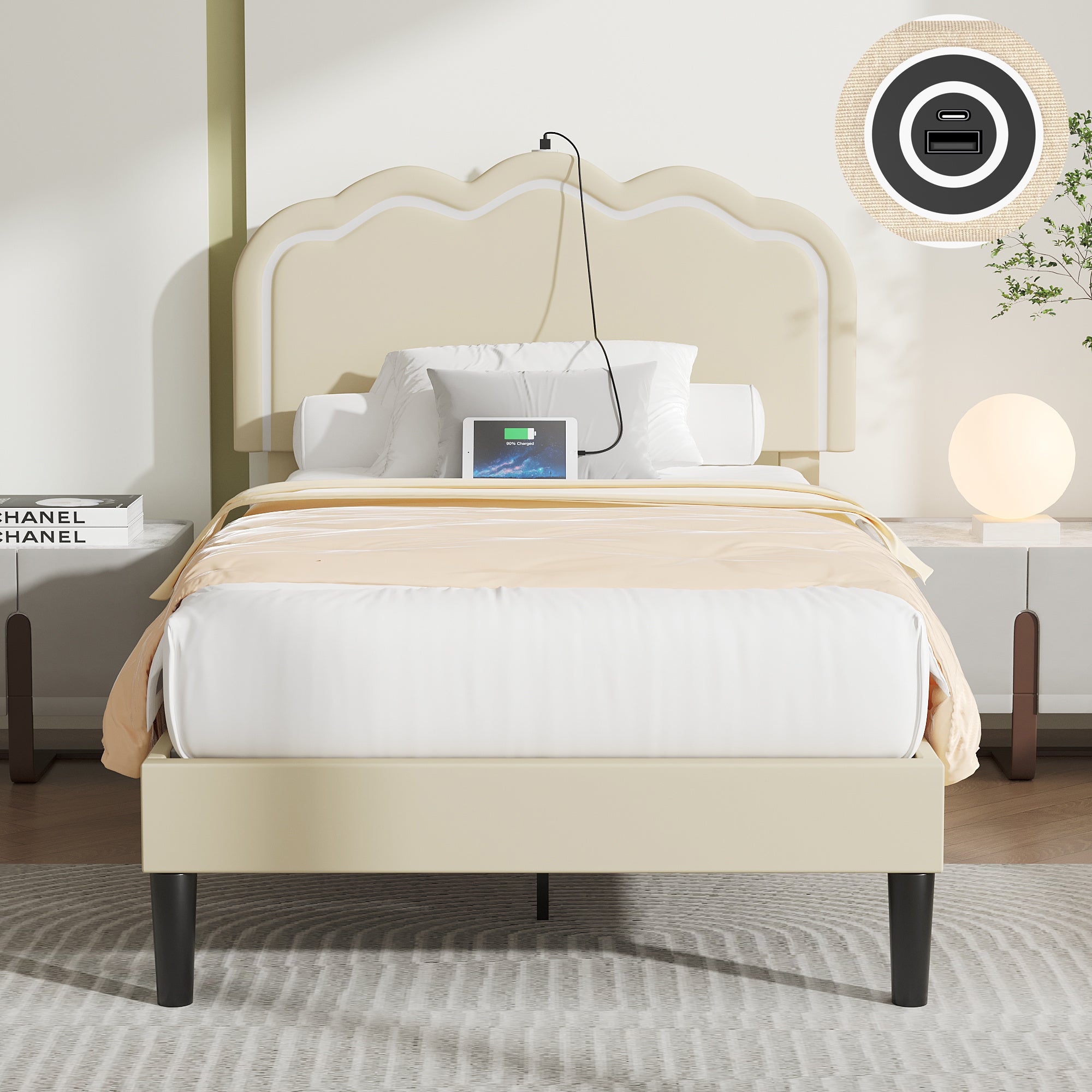 VECELO Twin\u002FFull\u002FQueen Size Upholstered Bed Frame with Headboard Adjustable, USB-A and Type-C, Wooden Slats Support, Beige