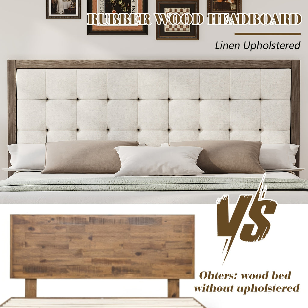 PaPaJet Wood Bed with Headboard Platform Bed Upholstered Tufted Headboard\u002FSolid Wood Bed No Box Spring Needed