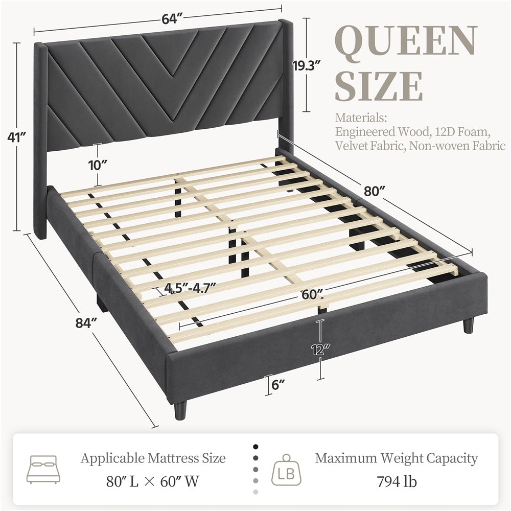 Costoffs Upholstered Bed Frame Platform Bed with Wing Edge, Twin\u002FFull\u002FQueen Size, Bed Frame with Headboard, Sturdy Mattress Support, No Box Spring Required, Local Warehouse, Beige\u002FGray\u002FPink\u002FBlue, Christmas Gift Christmas Furniture