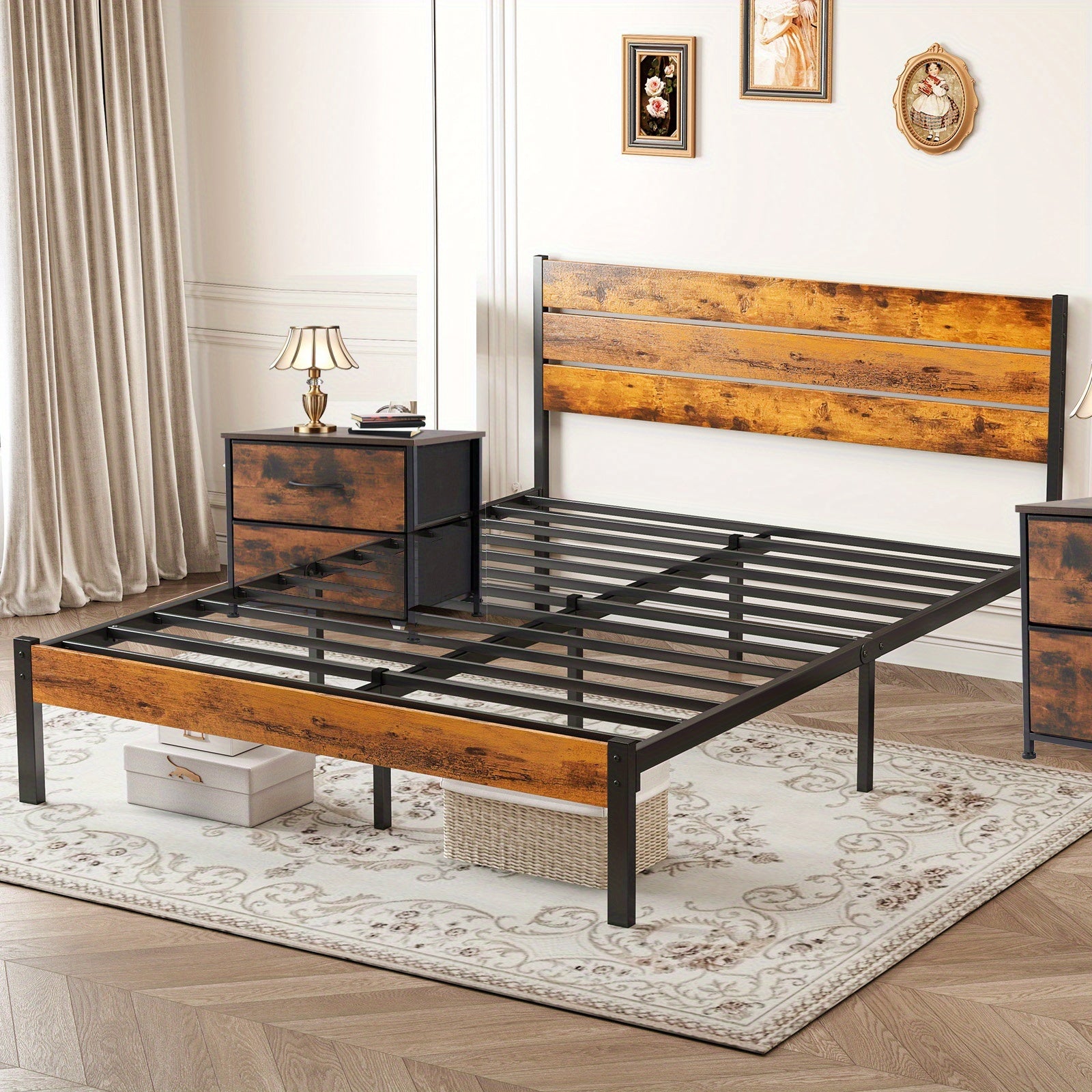 Metal Frame Bed Frame with Headboard, No Box Spring, Has Sturdy Wood Slats to Support 800 Lbs, Can Be Purchased Separately Or with a 2pcs Bedside Organizer (Fabric Drawer with 2 Storage Unit Compartments), Suitable for Bedroom, Living Room