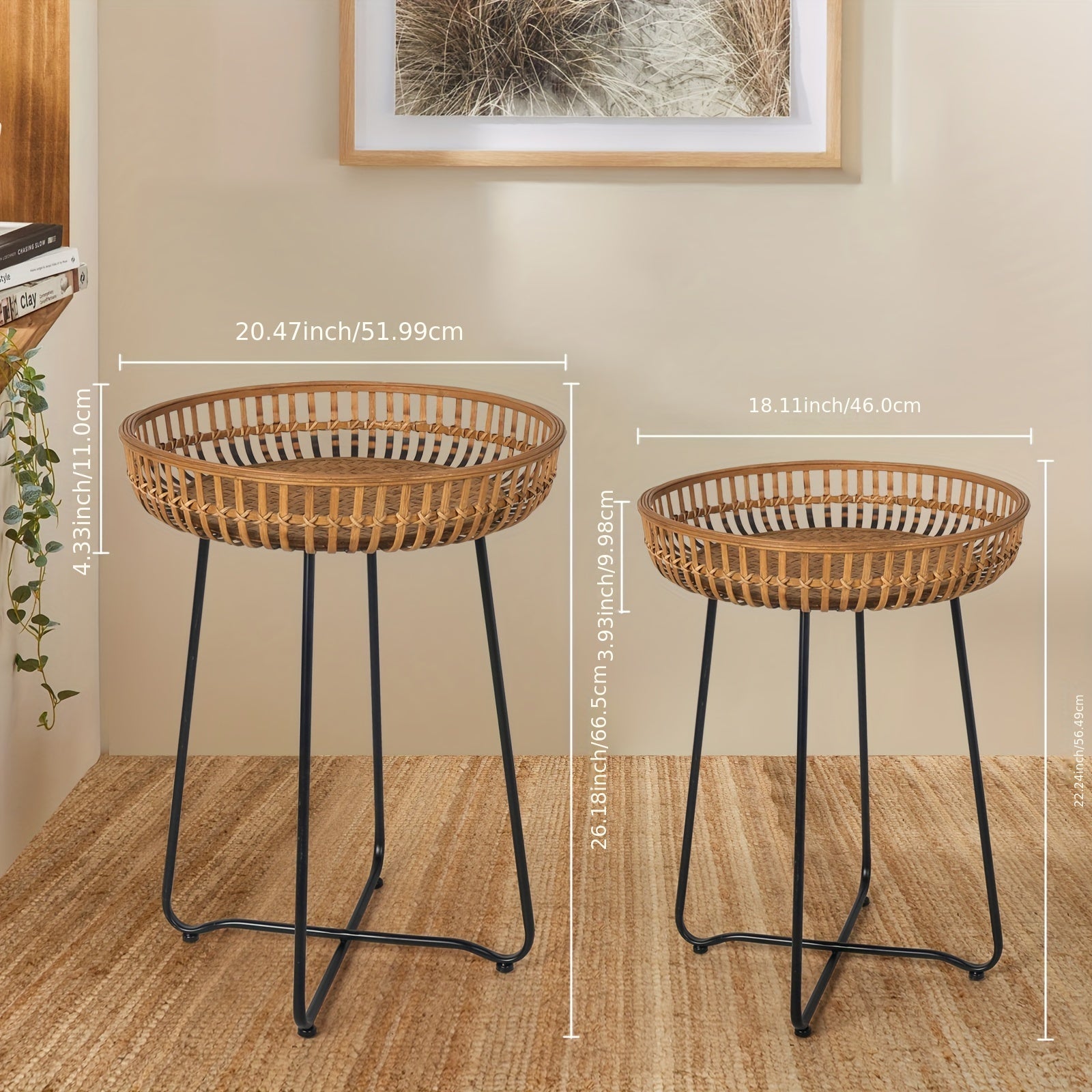 Oakrian Rattan Side Table Nesting Tables Set Of 2, Bamboo Round Table Coffee Table Metal Base End Table for Boho Living Room, Sofa, Bedroom, Terrace, Accent Table(20.47inch)