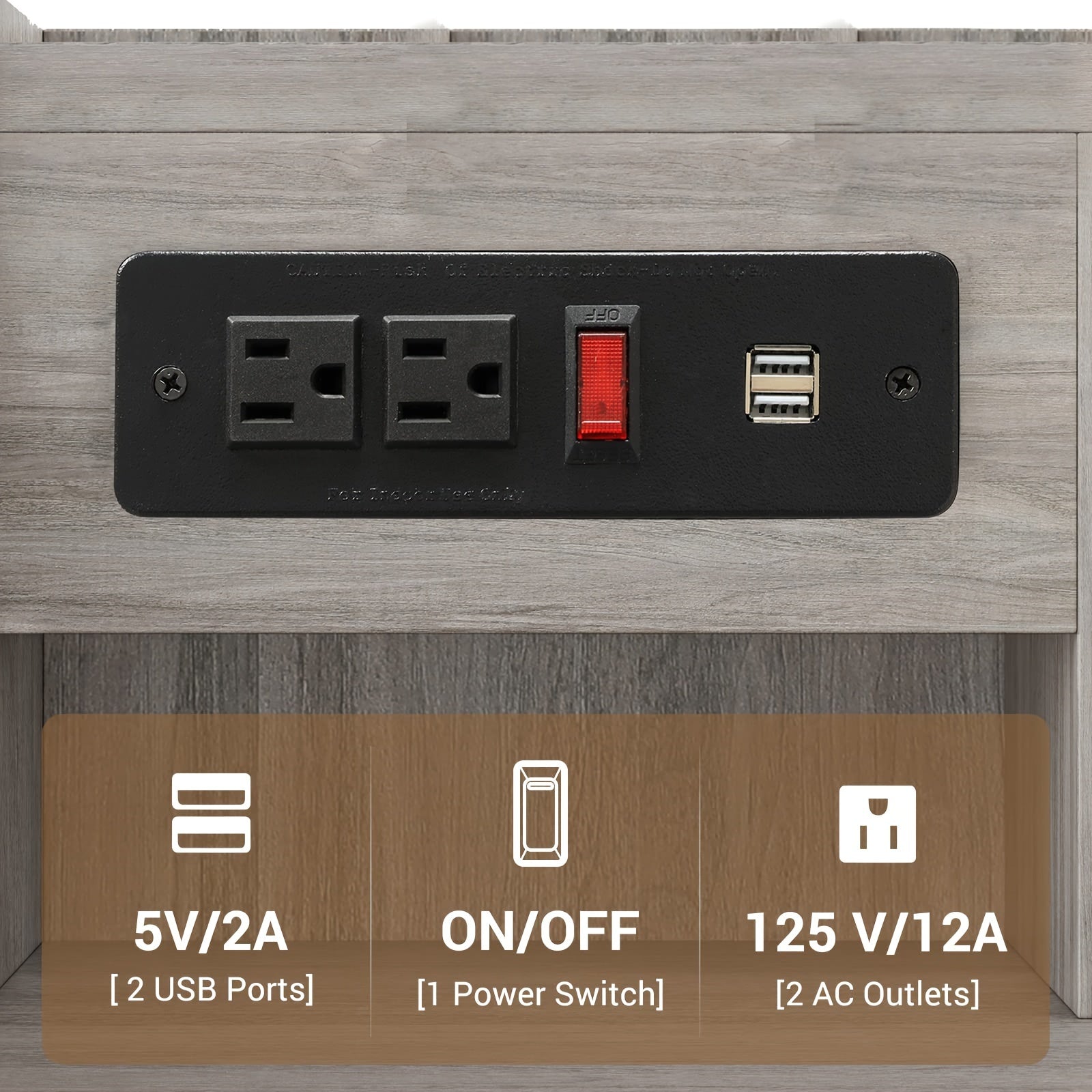 Nightstand with Charging Station, 2 USB Ports & 2 Outlets, Grey Nightstands with Hutch and 3 Drawers, Bedroom End Table