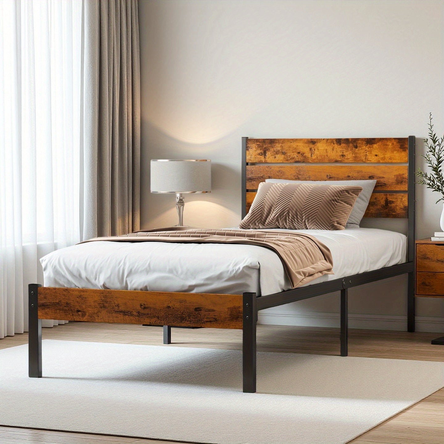 Metal Frame Bed Frame with Headboard, No Box Spring, Has Sturdy Wood Slats to Support 800 Lbs, Can Be Purchased Separately Or with a 2pcs Bedside Organizer (Fabric Drawer with 2 Storage Unit Compartments), Suitable for Bedroom, Living Room