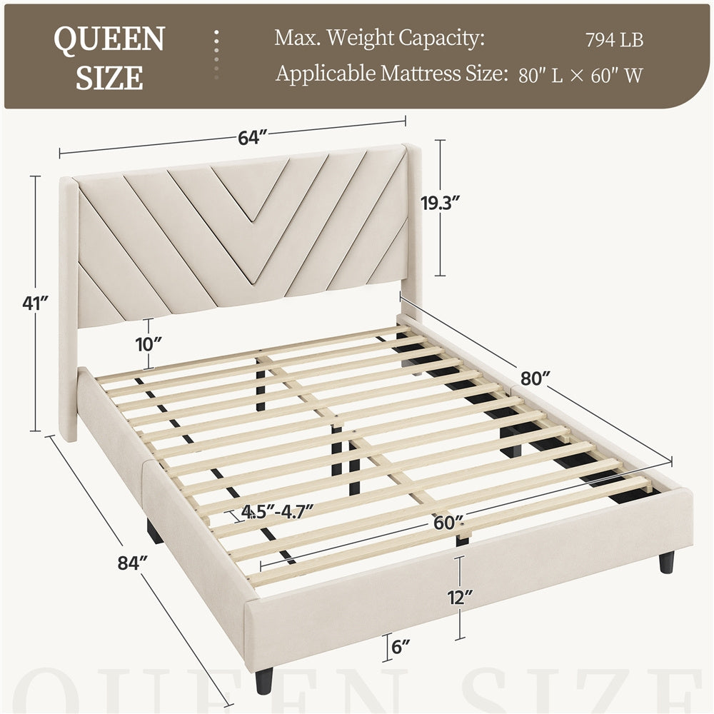 Costoffs Upholstered Bed Frame Platform Bed with Wing Edge, Twin\u002FFull\u002FQueen Size, Bed Frame with Headboard, Sturdy Mattress Support, No Box Spring Required, Local Warehouse, Beige\u002FGray\u002FPink\u002FBlue, Christmas Gift Christmas Furniture