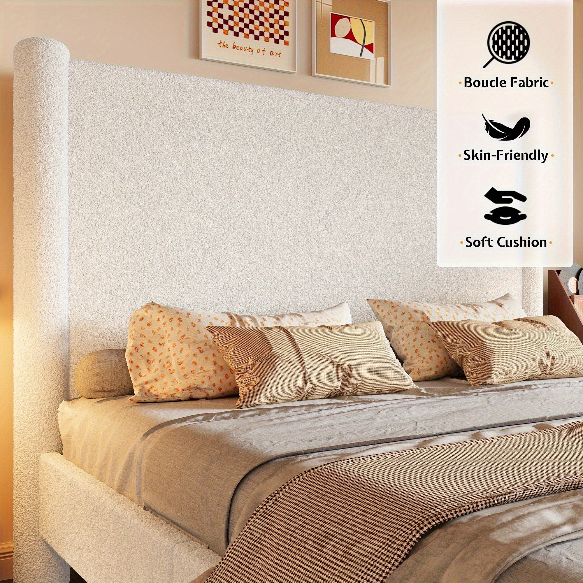 Contemporary Boucle Upholstered Bed Frame Featuring a Charging Station - Papajet Low-Height Platform Bed, to Assemble, No Box Spring Needed, Comfortable Bedroom Enhancement