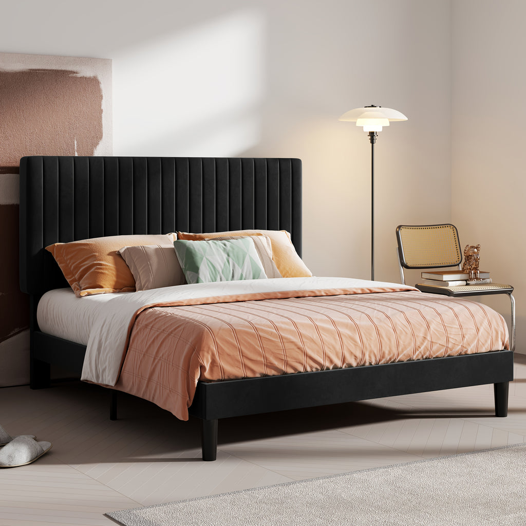 HOOMIC Velvet Upholstered Bed Frame with Adjustable Headboard, Contemporary Platform Bed Featuring Vertical Channel Tufting, Wooden Slats for Support, Optional Box Spring, Ideal for Home Bedroom Furniture, Free Shipping Available
