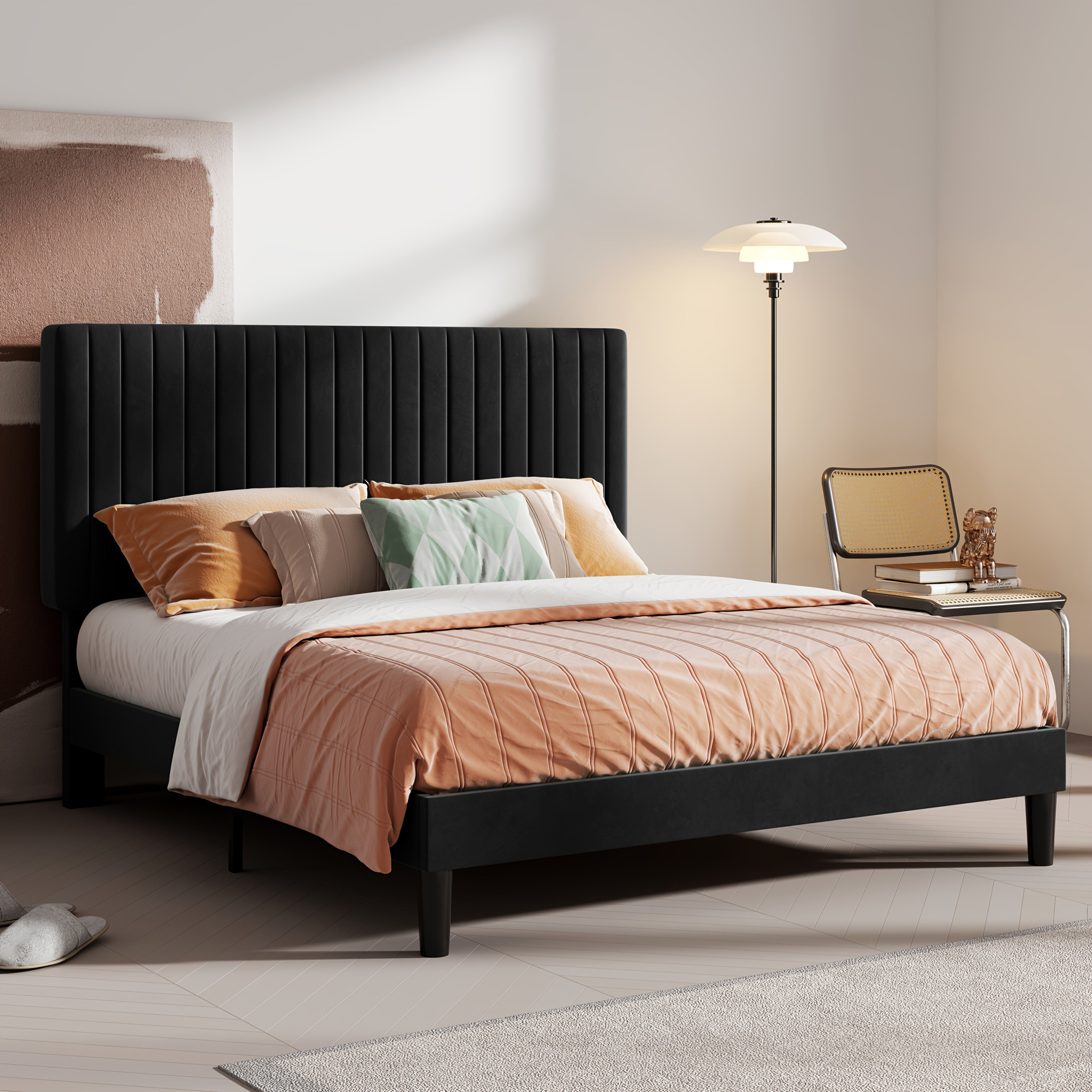 HOOMIC Velvet Upholstered Bed Frame with Adjustable Headboard, Contemporary Platform Bed Featuring Vertical Channel Tufting, Wooden Slats for Support, Optional Box Spring, Ideal for Home Bedroom Furniture, Free Shipping Available